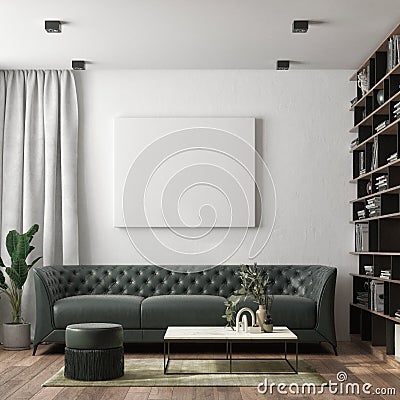 Modern minimalist interior with sofa, carpet and decoration. Cartoon Illustration