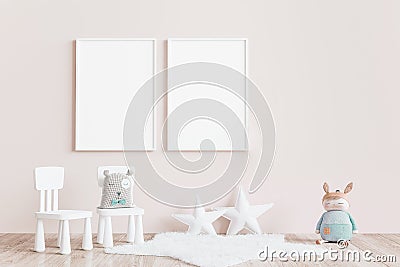 Modern minimalist, kid`s room, empty frame mock up interior in pastel colors Stock Photo
