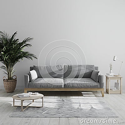 Modern minimalist living room interior mock up with gray sofa and palm tree, gray living room interior background, scandinavian Stock Photo