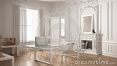 Modern minimalist office in classic vintage room with fireplace, luxury white interior design Stock Photo