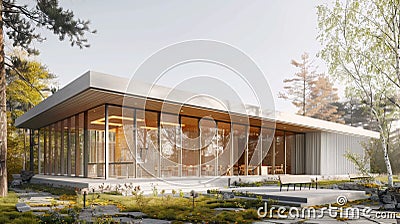 A modern minimalist retreat center designed to stimulate creativity and innovation through workshops and group Stock Photo