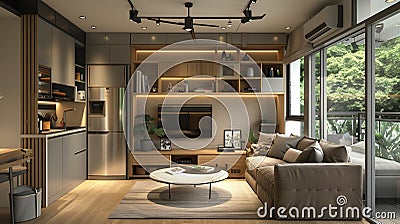Modern Minimalist Studio: Efficient Use of Space. A modern minimalist studio apartment designed to maximize space Stock Photo