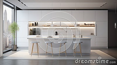 Modern minimalist white kitchen in a luxury city apartment. White facades, a kitchen island with bar stools, a plant in Stock Photo