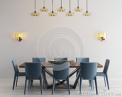 Modern minimalistic dining room interior with beige empty walls, a concrete table with blue chairs near it. Stock Photo