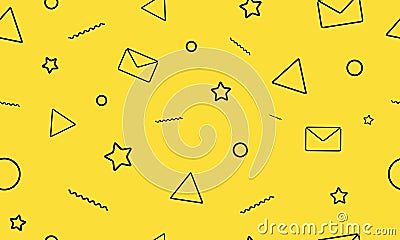 Modern minimalistic style seamless pattern on the yellow background. Letters, e-mail, stars and triangle icons. Vector Illustration