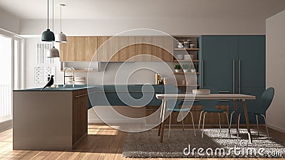 Modern minimalistic wooden kitchen with dining table, carpet and panoramic window, white and blue architecture interior design Stock Photo