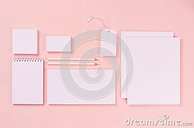 Modern minimalistic workspace with white blank stationery on soft pastel pink background, top view. Stock Photo