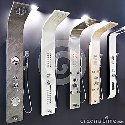 Modern mixers taps for shower in hardware store Stock Photo