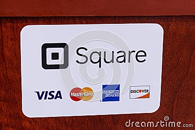 Indianapolis - Circa May 2018: Mobile pay and credit methods including Square, Visa, Master Card, American Express and Discover IV Editorial Stock Photo