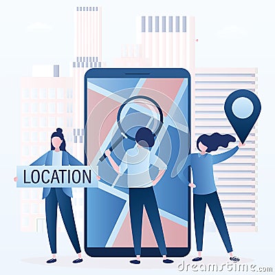 Modern mobile phone with application for navigation.Businesswoman search location or address Vector Illustration