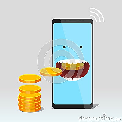 Modern mobile phone is eating gold coin Vector Illustration