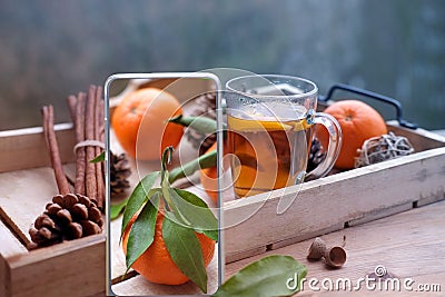 Modern mobile phone with screen, glass of hot tea on tray, delicious vitamin tangerines with leaves, cinnamon sticks, pine cones, Stock Photo