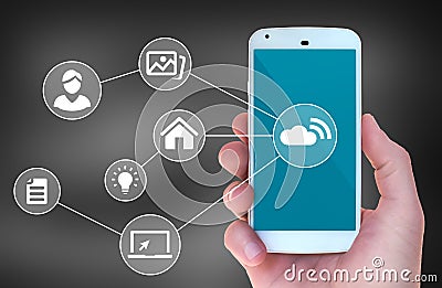 Modern mobile smart phone connected to wireless automation apps Stock Photo