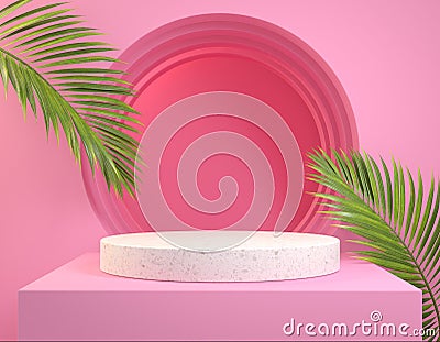 Modern Mockup Minimal Stage Display, Palm Leaf Tropic, Pink Pastel Illustration 3d Rendering Background Stock Photo