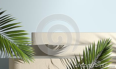 Modern Mockup Step Podium With Sunshade Palm Leaf Shadow Abstract Background 3d Render Stock Photo