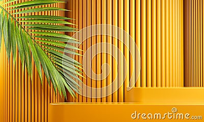 Modern Mockup Yellow Platform For Branding Presentation Product With Palm Leaf And Abstract Background 3d Render Stock Photo