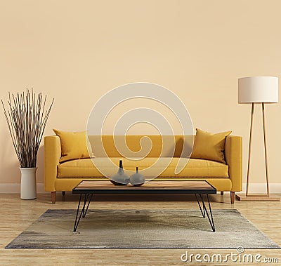 Modern Modern interior with a yellow sofa in the living room with a white minimal bathtub Stock Photo