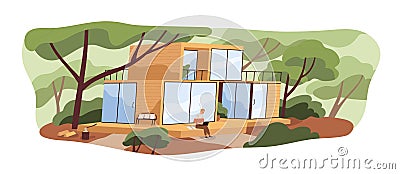 Modern modular house building and person with laptop on wooden patio. Man outside wood and glass home in nature among Vector Illustration