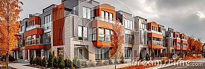 Modern modular private townhouses. Residential minimalist architecture exterior. Created with generative Ai Stock Photo