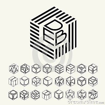 Modern monogram cube, hexagon of the strips, and three letters inscribed. Plus a set of letters to create the logo Vector Illustration