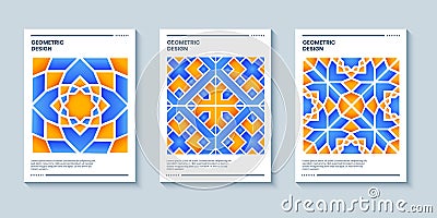 Modern moroccan mosaic art with layered gradient geometric composition . Paper cut 3d islamic geometric poster, cover, card Vector Illustration