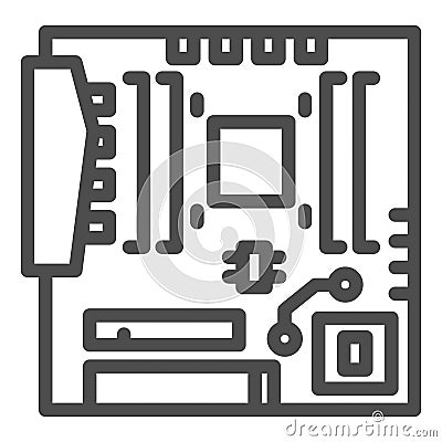 Modern motherboard line icon. Main circuit board with hardware components symbol, outline style pictogram on white Vector Illustration