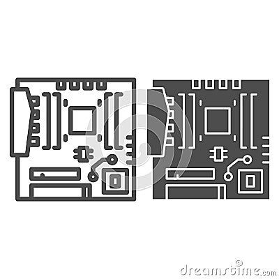 Modern motherboard line and solid icon. Main circuit board with hardware components symbol, outline style pictogram on Vector Illustration