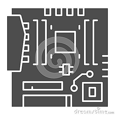 Modern motherboard solid icon. Main circuit board with hardware components symbol, glyph style pictogram on white Vector Illustration