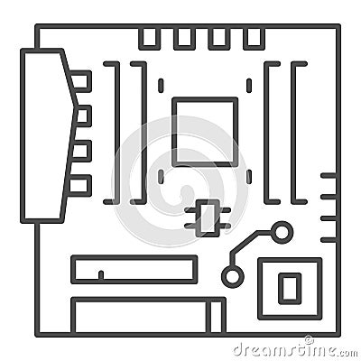Modern motherboard thin line icon. Main circuit board with hardware components symbol, outline style pictogram on white Vector Illustration