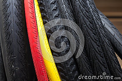 Large selection of tires with a different tread and colour Stock Photo