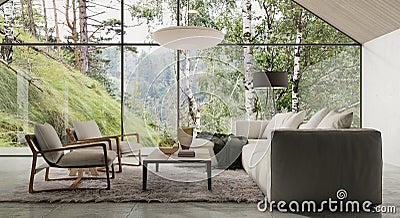 Modern mountain home interior. Living room with big windows and beautiful view on birch forest. Stock Photo