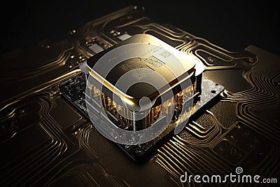 Modern multi-core processor on a black background with golden rays. Generative AI Stock Photo