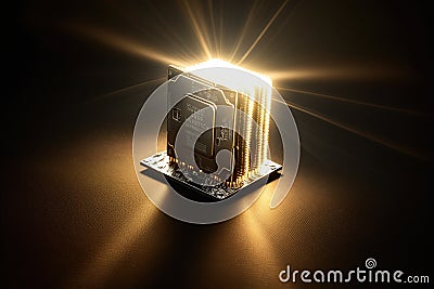 Modern multi-core processor on a black background with golden rays. Generative AI Stock Photo