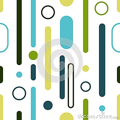 Modern multicolor seamless pattern design with composition of rounded, oval objects and dot lines. Vector Illustration