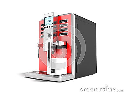 A modern multifunctional coffee machine with milk red 3d on the right 3d render on white background with shadow Stock Photo