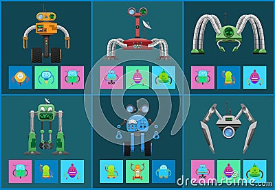 Modern Multifunctional Robots with Detectors Set Vector Illustration