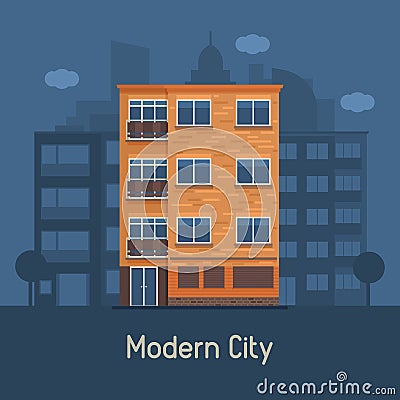 Modern Multistory House on City Background Vector Illustration