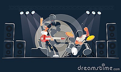 Modern music band shows a concert on a dark stage in the bright rays. A pretty girl guitarist with a red electric guitar Vector Illustration