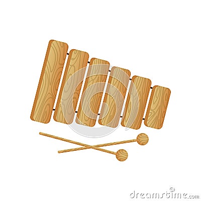 Modern musical instrument wood xylophone with ball sticks Vector Illustration