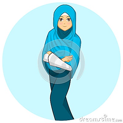 Modern Muslim Woman with Folded Arms Wearing Blue Veil Vector Illustration