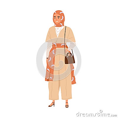 Modern Muslim woman in hijab and trendy fashion outfit. Arab female wearing headscarf. Oriental Arabian person in Vector Illustration