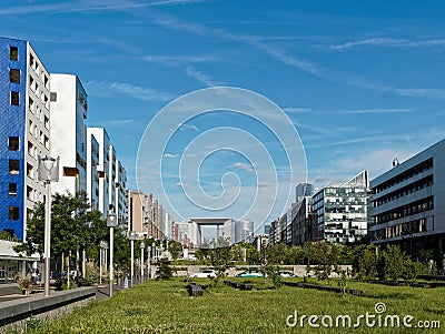 Modern Nanterre pedestrian street with La Defense in the background, Paris, France Editorial Stock Photo