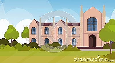 Modern national university or college building exterior view empty front yard with green grass and trees landscape Vector Illustration