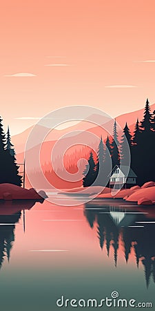 Minimalist Canyon House Illustration With Beautiful Sunset And Lake Cartoon Illustration