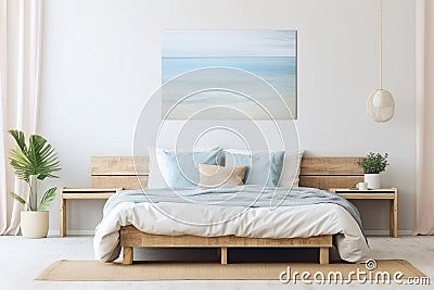 Modern nautical bedroom interior. Wooden double bed with pillows. Abstract light blue wall art on a white wall Stock Photo