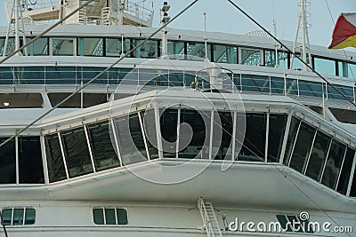 Modern navigational bridge of cruise passenger ship Britannia of Royal-class moored in Bridgetown. Stock Photo