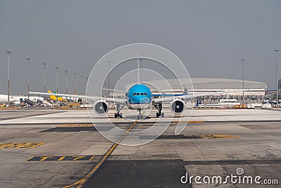 Modern, new generation jet powered passenger aircraft is waiting airport. Front view Commercial airplane parking, ready Stock Photo