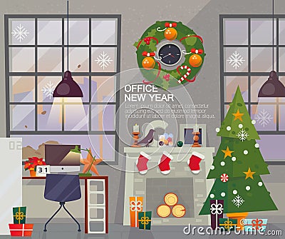 Modern New Year Office Interior. Workplace with holiday decorations Vector Flat Style. Vector Illustration