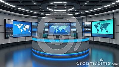 Modern news studio interior 3D render. Circular layout with multiple large screens displaying world maps, data. Desks present. Stock Photo