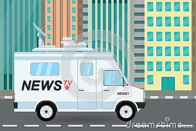 Modern news truck on city road, mobile broadcasting vehicle Vector Illustration